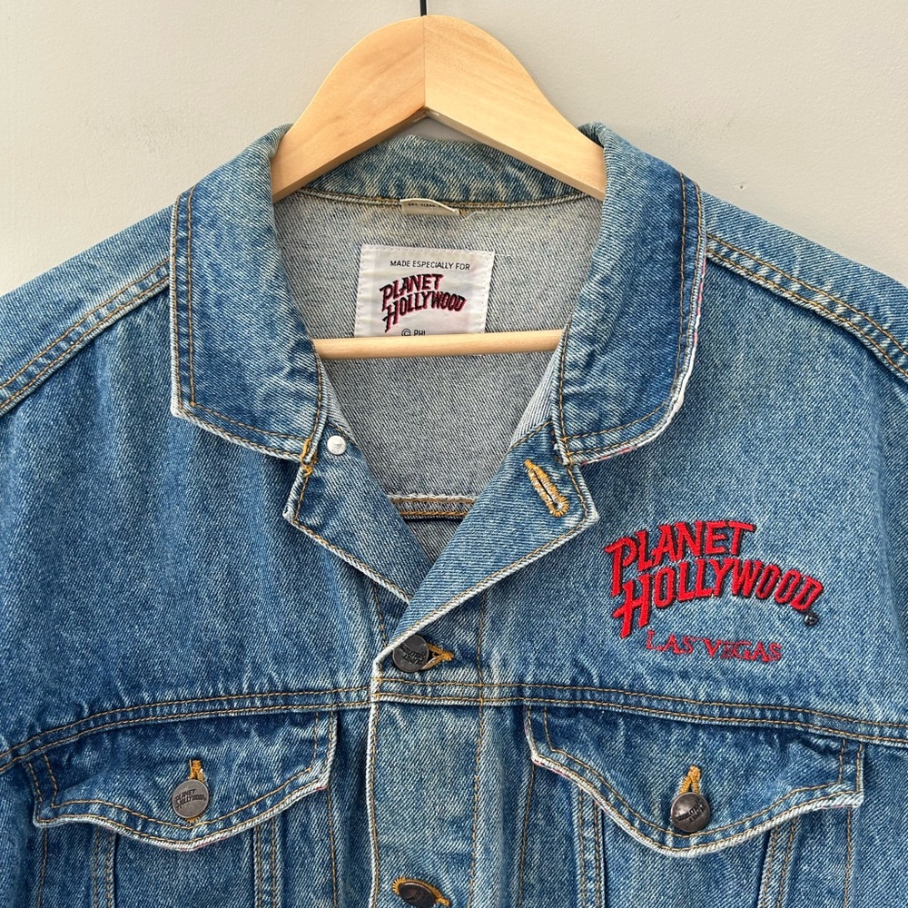 Vintage Blue Denim Jean Jacket with Red Script - Picture 3 of 10